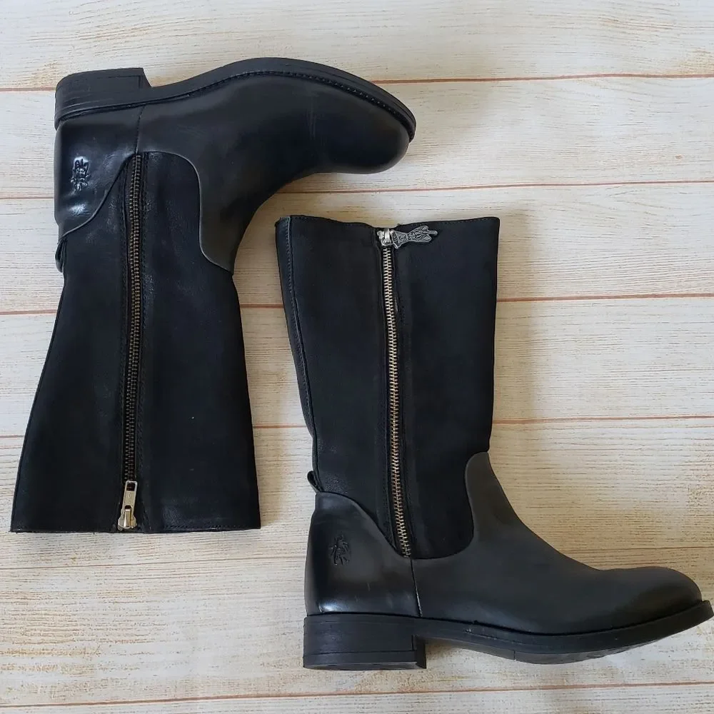 FLY London Leather Suede Calf Boots Round Toe Black Women's Size 37